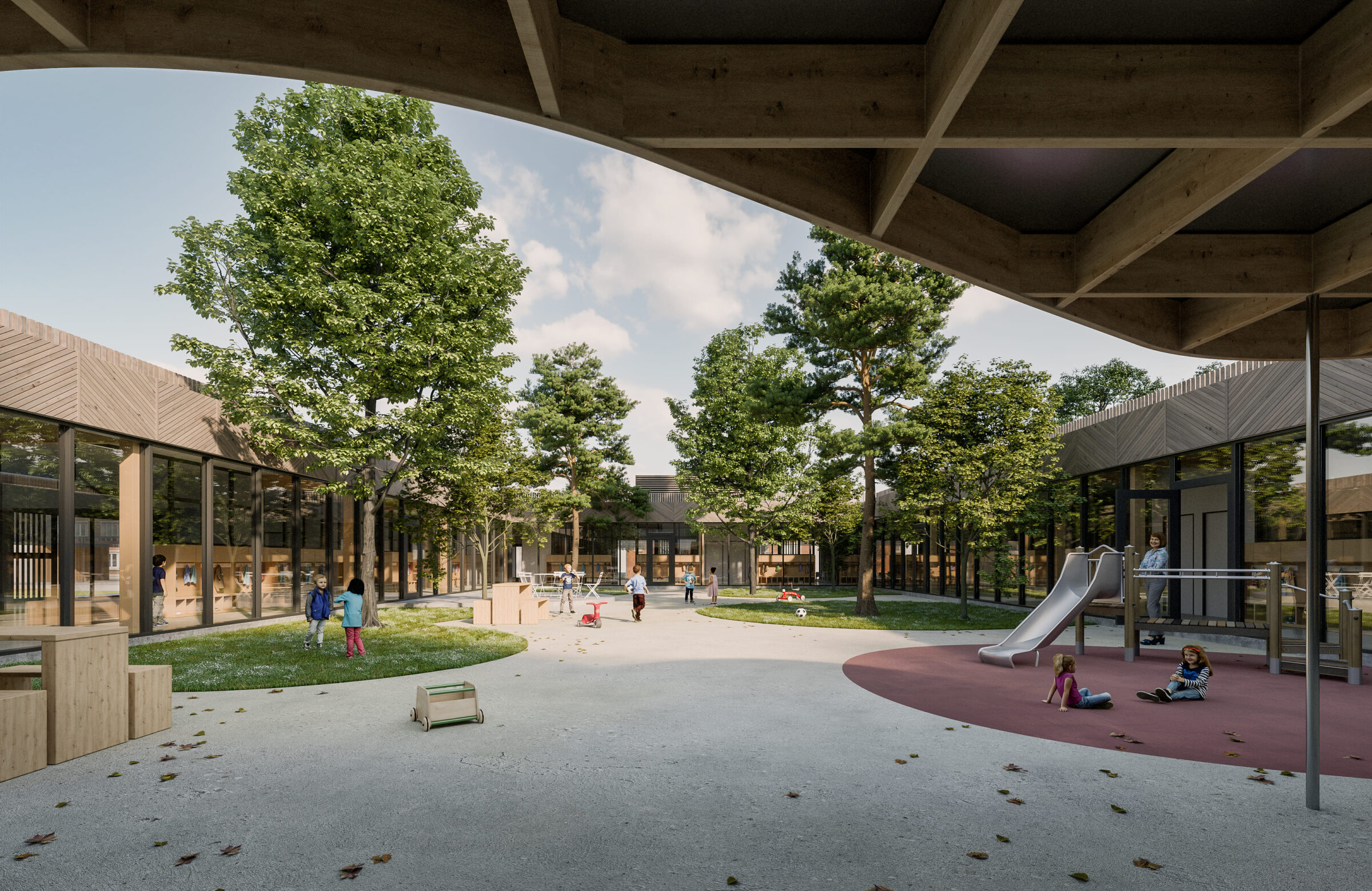 L'école maternelle JOLI-BOIS FR est un projet de FP architectes. Le bâtiment se développe sous forme d'anneau rectangulaire avec un patio central.